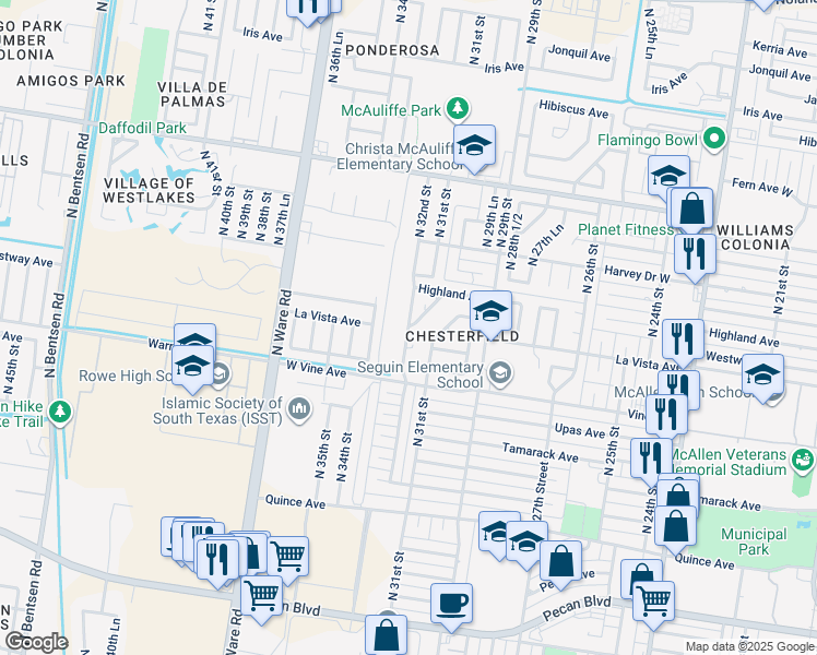 map of restaurants, bars, coffee shops, grocery stores, and more near 2409 North 32nd Street in McAllen