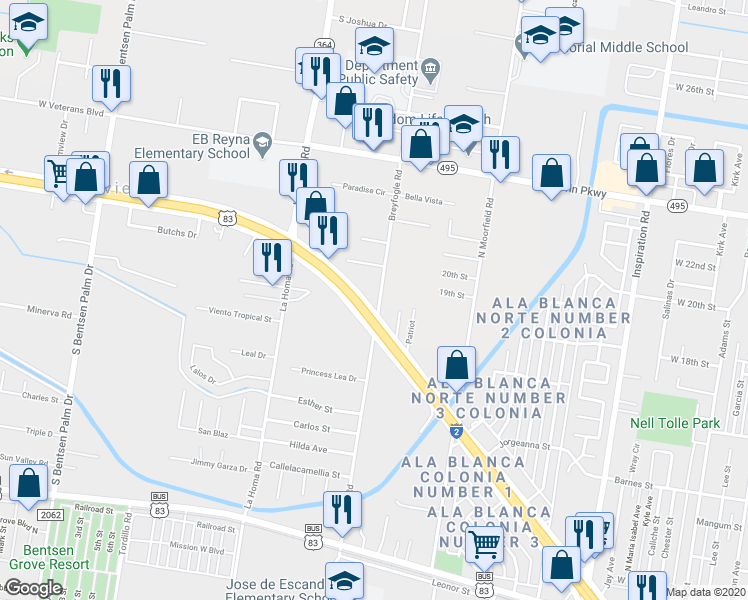 map of restaurants, bars, coffee shops, grocery stores, and more near 133 North Breyfogle Road in Palmview