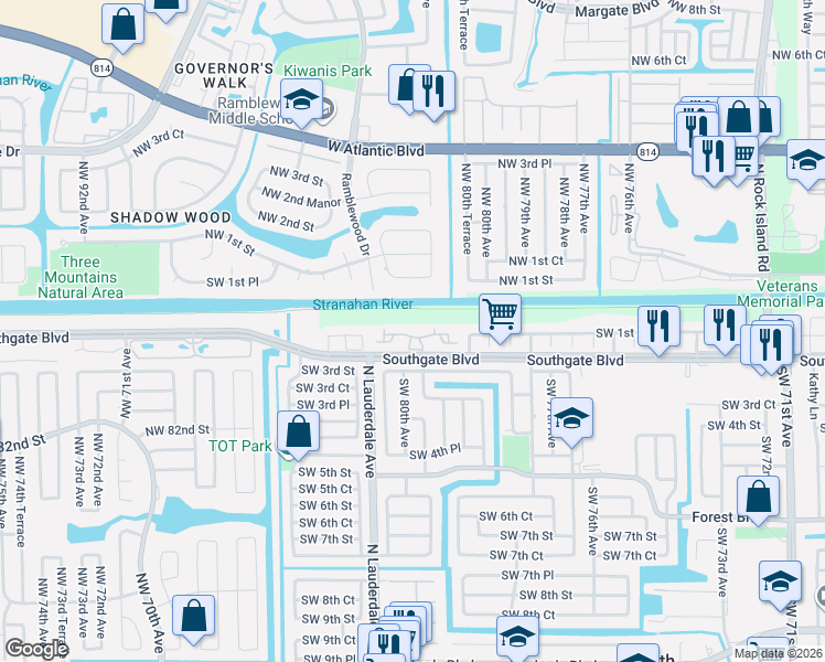map of restaurants, bars, coffee shops, grocery stores, and more near 8001 Southgate Boulevard in North Lauderdale