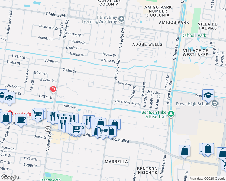 map of restaurants, bars, coffee shops, grocery stores, and more near 1920 North Taylor Road in McAllen