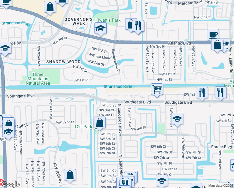map of restaurants, bars, coffee shops, grocery stores, and more near 8143 Southgate Boulevard in North Lauderdale
