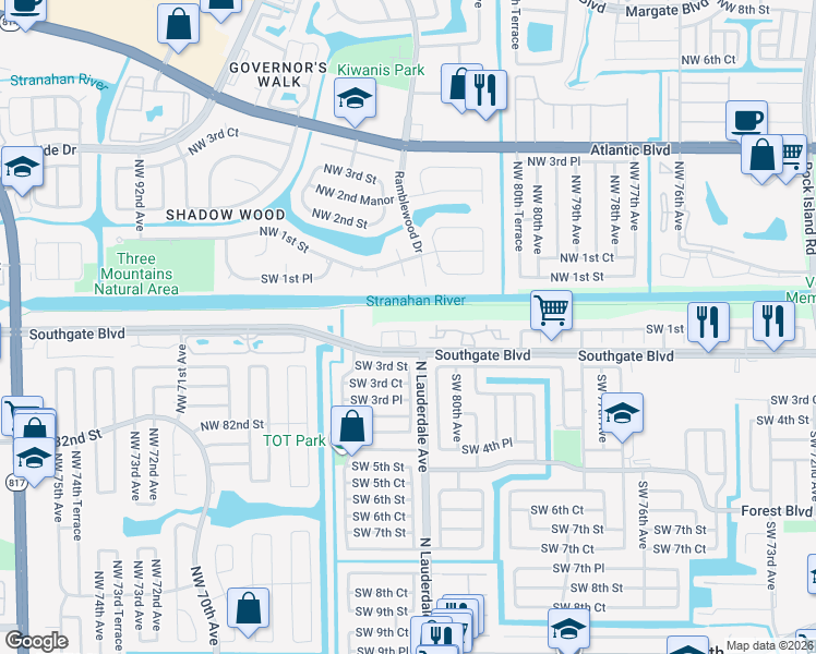 map of restaurants, bars, coffee shops, grocery stores, and more near 8143 Southgate Boulevard in North Lauderdale