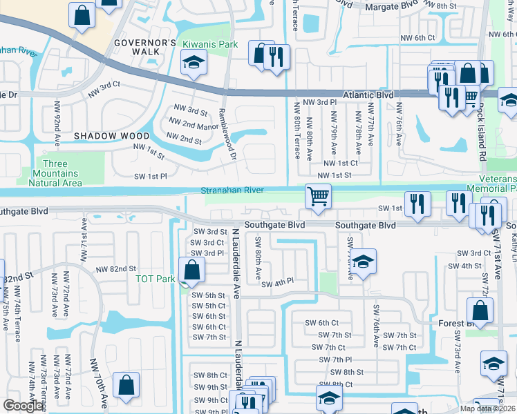 map of restaurants, bars, coffee shops, grocery stores, and more near 8001 Southgate Boulevard in North Lauderdale