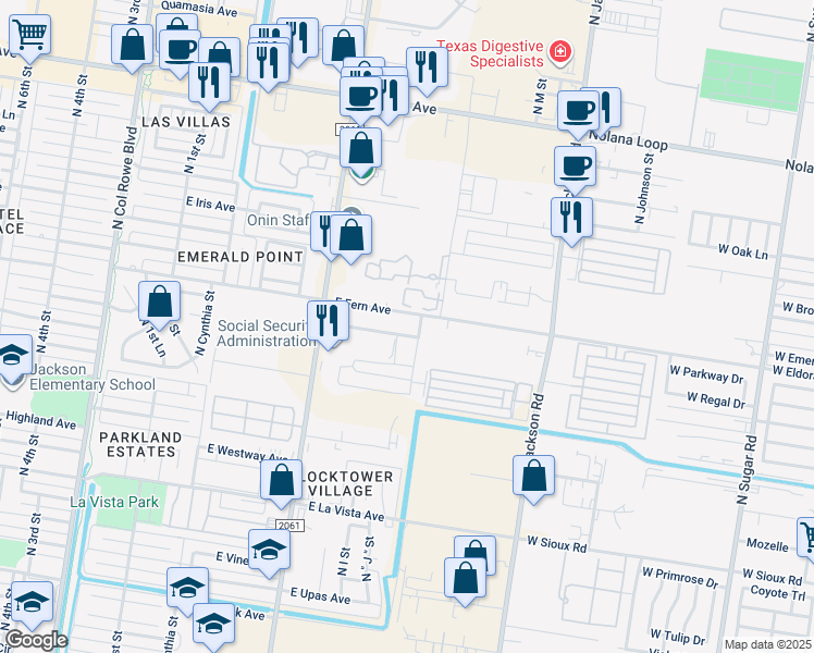 map of restaurants, bars, coffee shops, grocery stores, and more near 3101 North J Street in McAllen