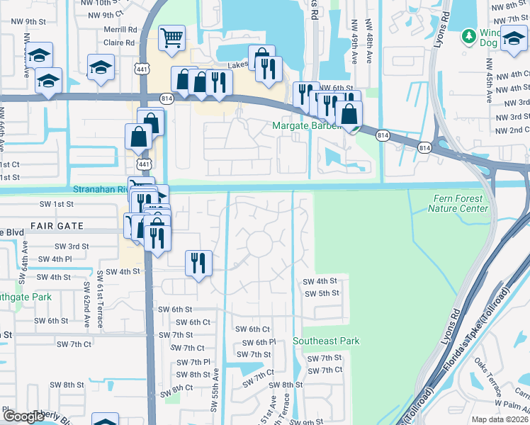 map of restaurants, bars, coffee shops, grocery stores, and more near 566 North Cortez Drive in Margate