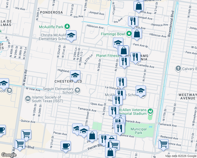 map of restaurants, bars, coffee shops, grocery stores, and more near 2508 North 26th Street in McAllen