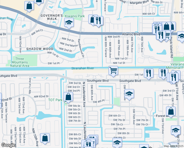 map of restaurants, bars, coffee shops, grocery stores, and more near 8001 Southgate Boulevard in North Lauderdale