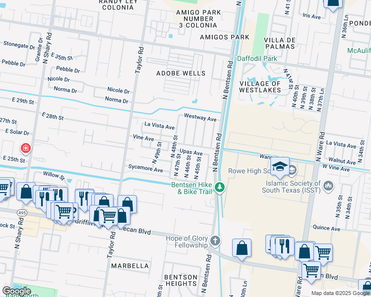 map of restaurants, bars, coffee shops, grocery stores, and more near 4608 Upas Ave in McAllen