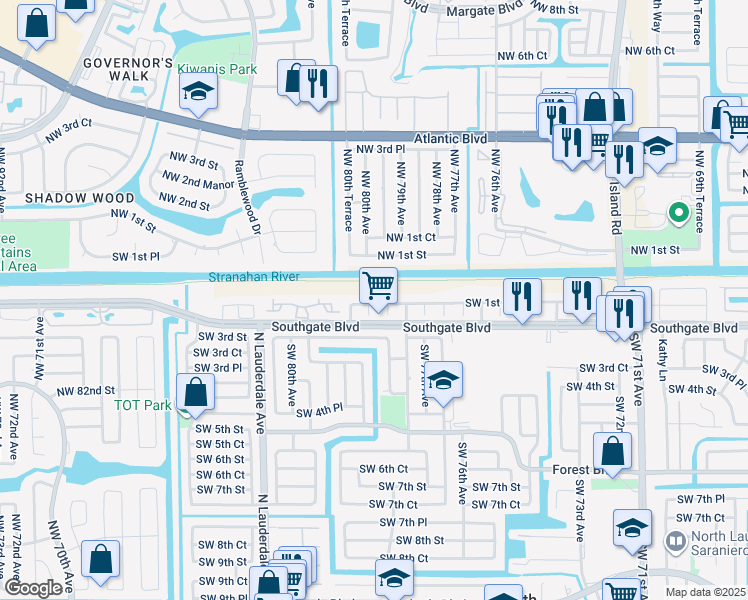 map of restaurants, bars, coffee shops, grocery stores, and more near 7841 Southwest 1st Street in Margate