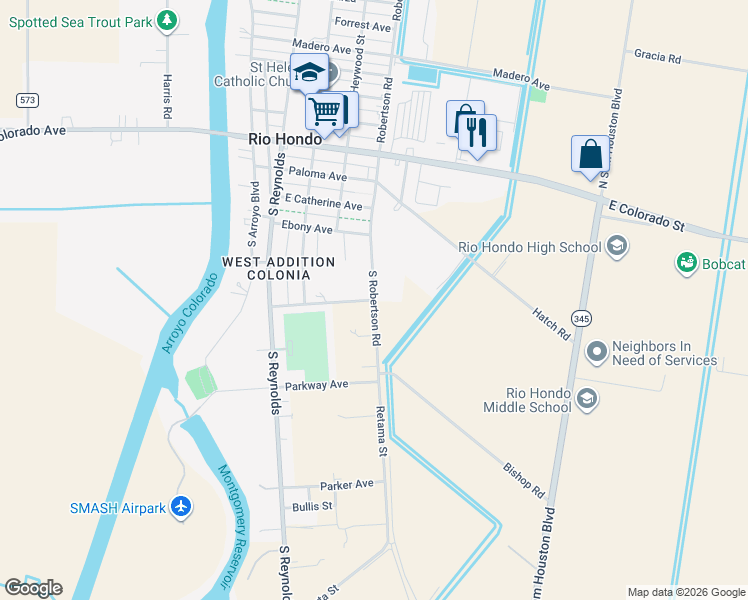 map of restaurants, bars, coffee shops, grocery stores, and more near 22663 S Robertson Rd in Rio Hondo