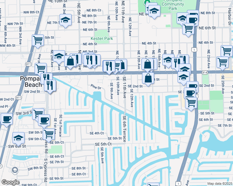 map of restaurants, bars, coffee shops, grocery stores, and more near 245 Southeast 10th Avenue in Pompano Beach