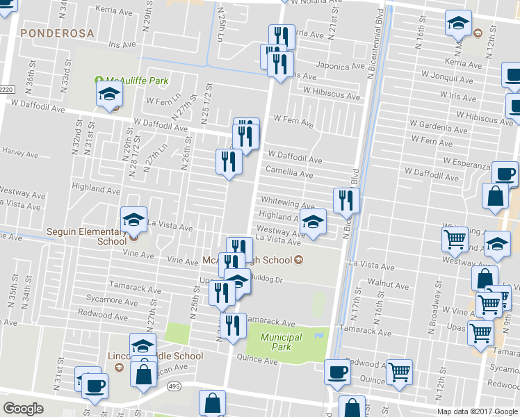 map of restaurants, bars, coffee shops, grocery stores, and more near 2220 Highland Avenue in McAllen