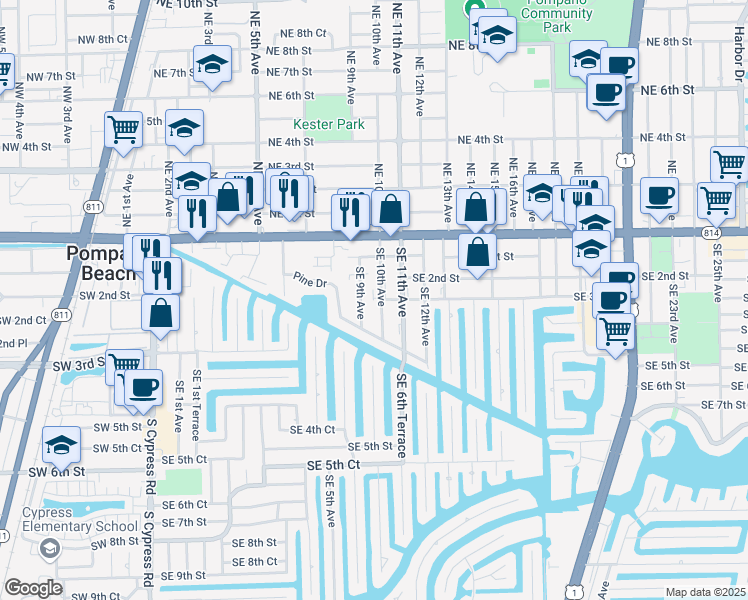 map of restaurants, bars, coffee shops, grocery stores, and more near 301 Southeast 10th Avenue in Pompano Beach