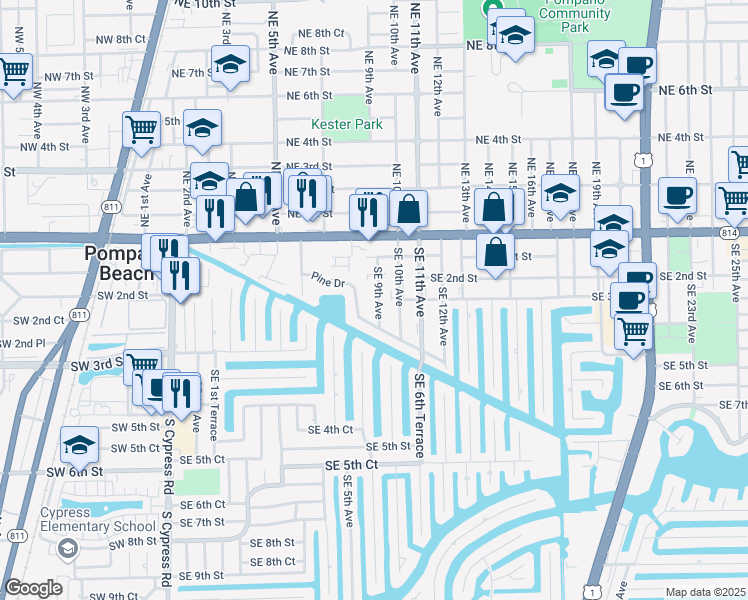 map of restaurants, bars, coffee shops, grocery stores, and more near 801 Pine Drive in Pompano Beach