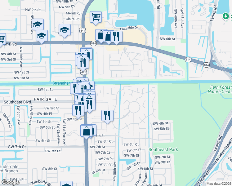 map of restaurants, bars, coffee shops, grocery stores, and more near 232 North Cortez Drive in Margate