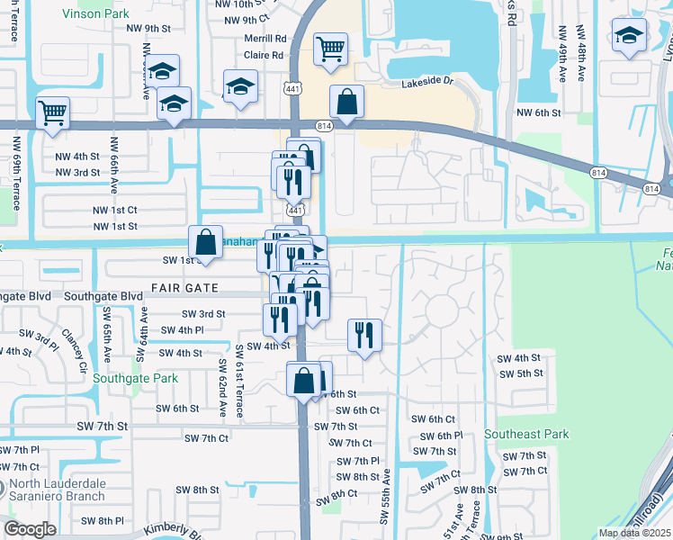 map of restaurants, bars, coffee shops, grocery stores, and more near 260 Southwest 56th Terrace in Margate