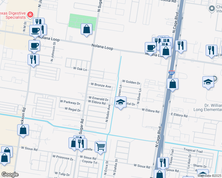 map of restaurants, bars, coffee shops, grocery stores, and more near 705 West Bronze Drive in Pharr