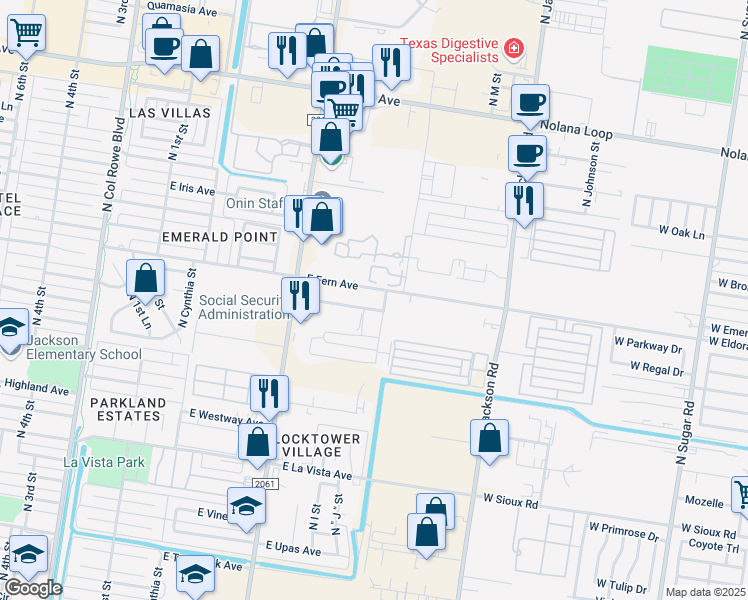 map of restaurants, bars, coffee shops, grocery stores, and more near 929 East Esperanza Avenue in McAllen