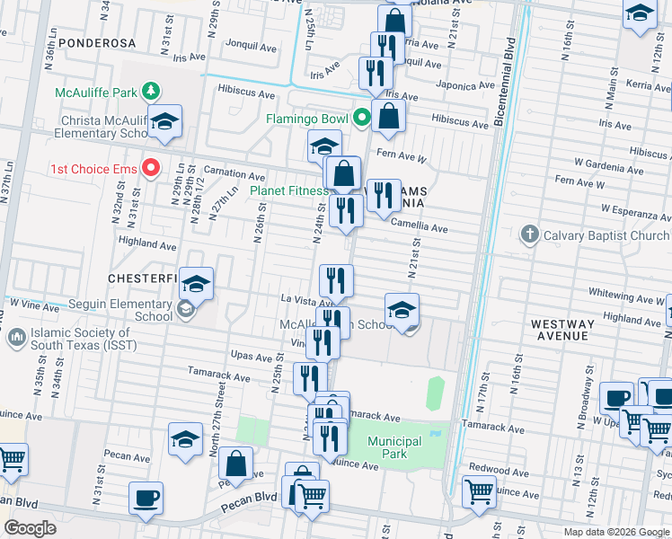 map of restaurants, bars, coffee shops, grocery stores, and more near 2501 North 23rd Street in McAllen