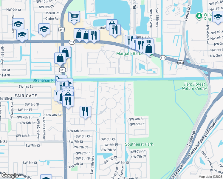 map of restaurants, bars, coffee shops, grocery stores, and more near 566 North Cortez Drive in Margate