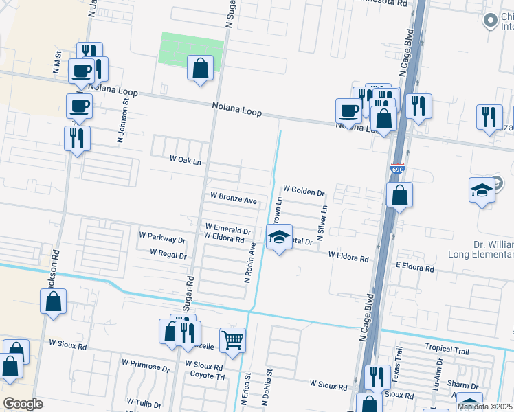 map of restaurants, bars, coffee shops, grocery stores, and more near 705 West Bronze Drive in Pharr