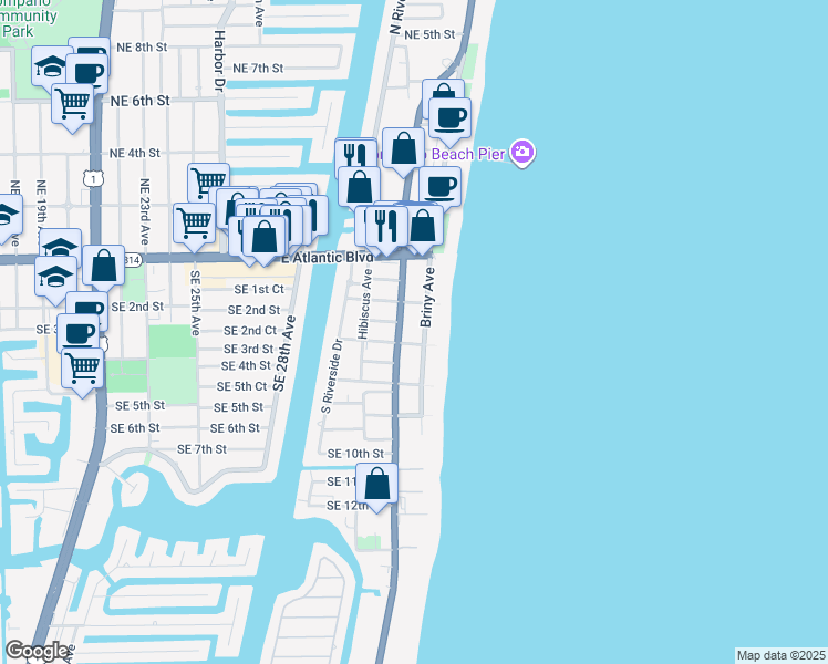 map of restaurants, bars, coffee shops, grocery stores, and more near 305 Briny Avenue in Pompano Beach