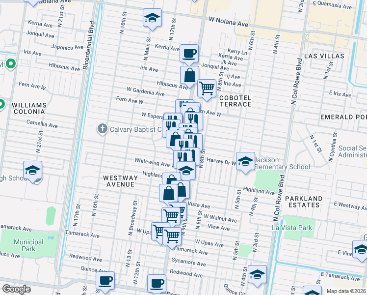 map of restaurants, bars, coffee shops, grocery stores, and more near 1000 Harvey Drive in McAllen