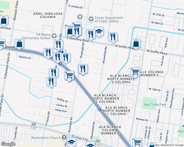 map of restaurants, bars, coffee shops, grocery stores, and more near 1613 19th Street in Palmview