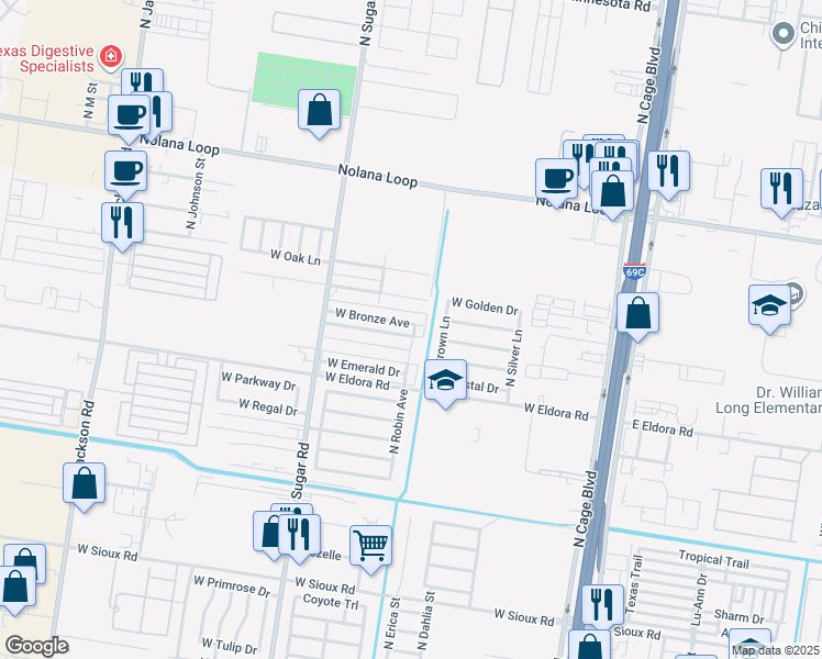 map of restaurants, bars, coffee shops, grocery stores, and more near 705 West Bronze Drive in Pharr