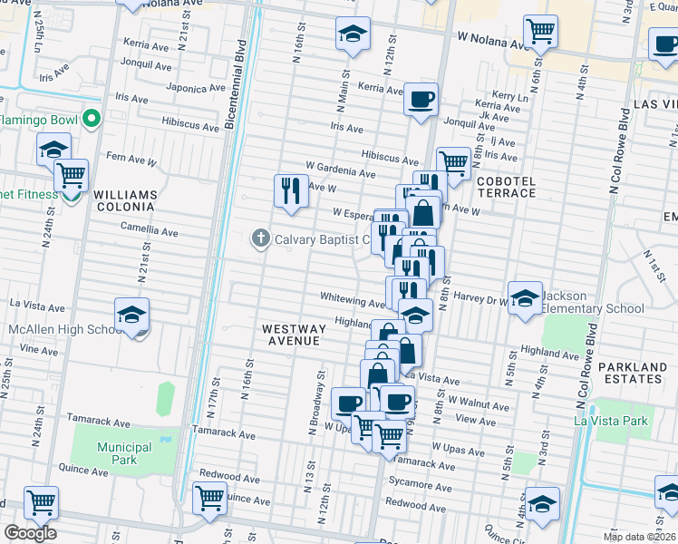map of restaurants, bars, coffee shops, grocery stores, and more near 1216 Harvey Avenue in McAllen