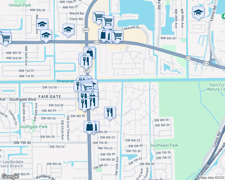 map of restaurants, bars, coffee shops, grocery stores, and more near 232 North Cortez Drive in Margate