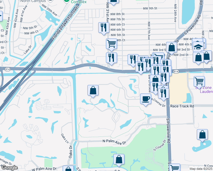 map of restaurants, bars, coffee shops, grocery stores, and more near 3095 North Course Drive in Pompano Beach