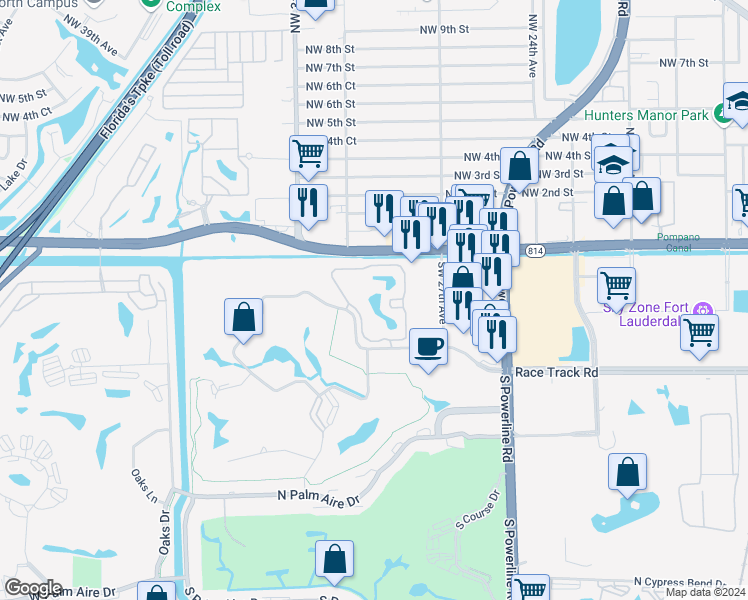map of restaurants, bars, coffee shops, grocery stores, and more near 2827 North Course Drive in Pompano Beach