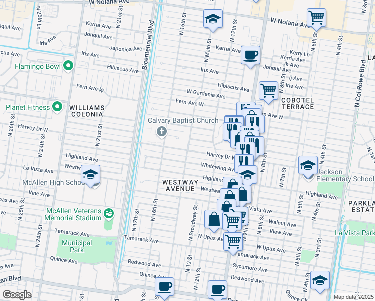 map of restaurants, bars, coffee shops, grocery stores, and more near North 14th Street in McAllen