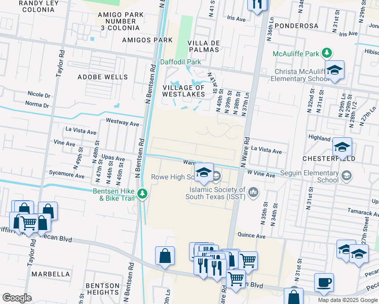 map of restaurants, bars, coffee shops, grocery stores, and more near Warrior Drive in McAllen