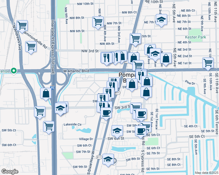 map of restaurants, bars, coffee shops, grocery stores, and more near 227 Southwest 2nd Street in Pompano Beach