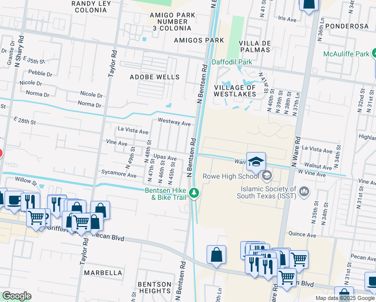 map of restaurants, bars, coffee shops, grocery stores, and more near 2202 North 44th Lane in McAllen