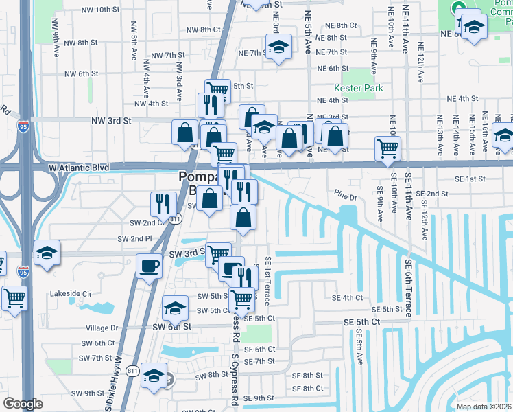 map of restaurants, bars, coffee shops, grocery stores, and more near 134 South Cypress Road in Pompano Beach