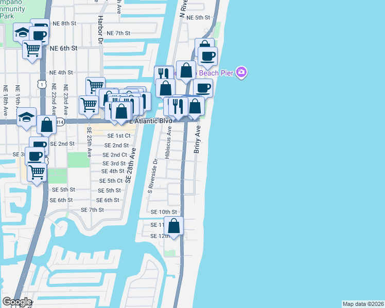 map of restaurants, bars, coffee shops, grocery stores, and more near 2 Southeast 4th Street in Pompano Beach