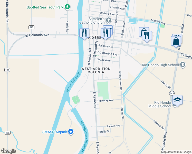 map of restaurants, bars, coffee shops, grocery stores, and more near 605 South Reynolds Street in Rio Hondo