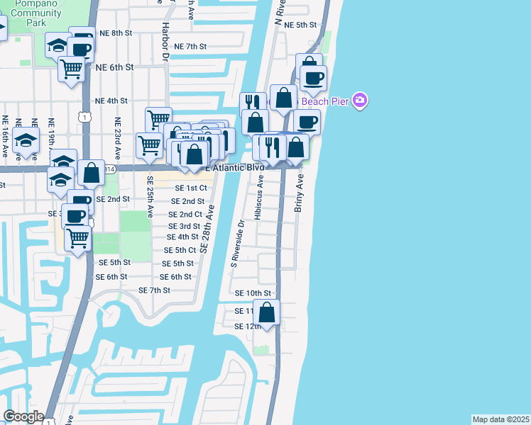 map of restaurants, bars, coffee shops, grocery stores, and more near 316 Hibiscus Avenue in Pompano Beach