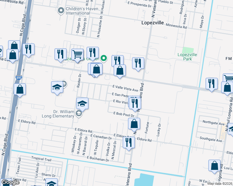 map of restaurants, bars, coffee shops, grocery stores, and more near 1007 East San Pedro Drive in Pharr