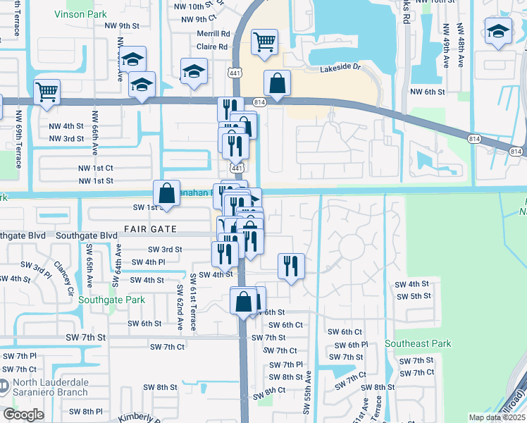 map of restaurants, bars, coffee shops, grocery stores, and more near 280 Southwest 56th Terrace in Margate