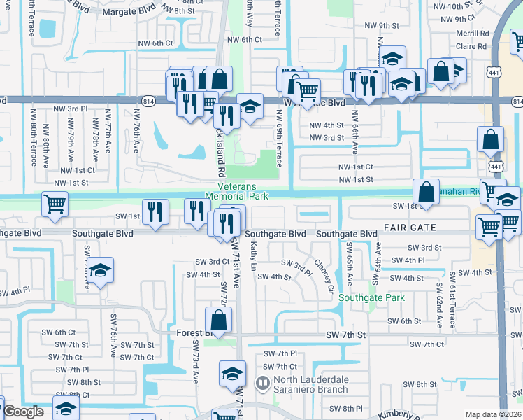 map of restaurants, bars, coffee shops, grocery stores, and more near 6960 Southwest 1st Street in Margate