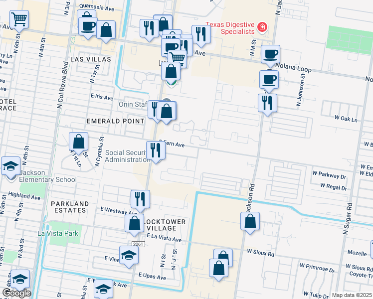 map of restaurants, bars, coffee shops, grocery stores, and more near 929 East Esperanza Avenue in McAllen