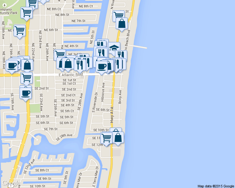 map of restaurants, bars, coffee shops, grocery stores, and more near 2 Southeast 4th Street in Pompano Beach