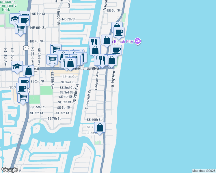 map of restaurants, bars, coffee shops, grocery stores, and more near 2 Southeast 4th Street in Pompano Beach