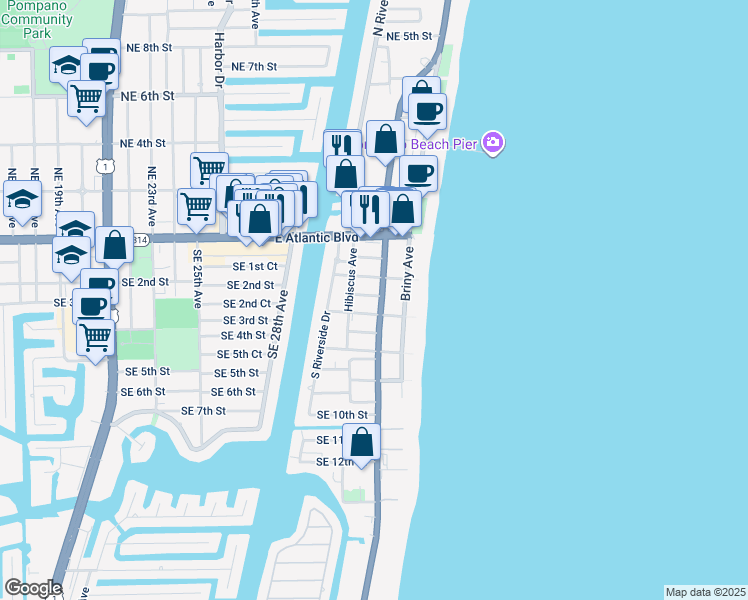 map of restaurants, bars, coffee shops, grocery stores, and more near 2 Southeast 4th Street in Pompano Beach