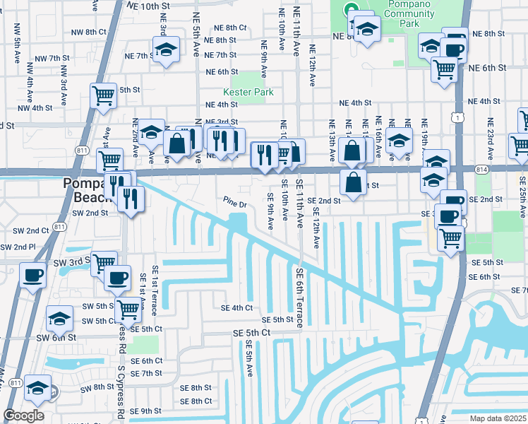 map of restaurants, bars, coffee shops, grocery stores, and more near 801 Pine Drive in Pompano Beach