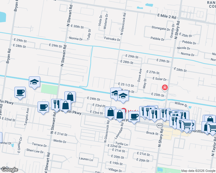 map of restaurants, bars, coffee shops, grocery stores, and more near 2401-2457 North Glasscock Road in Mission